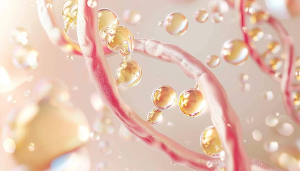 DNA Cosmetics golden serum liquid bubbles abstract background. Cosmetic moisturizer essence gel. Collagen fluid bubble molecule. Moisturizing cream or oil for personal health care and beauty skin concept