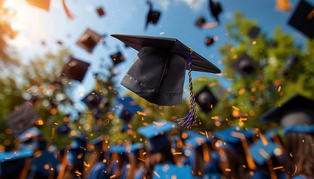 Graduation caps flying in the sky. Students celebrate graduation. education and people concept, students throwing graduation caps in the air festive