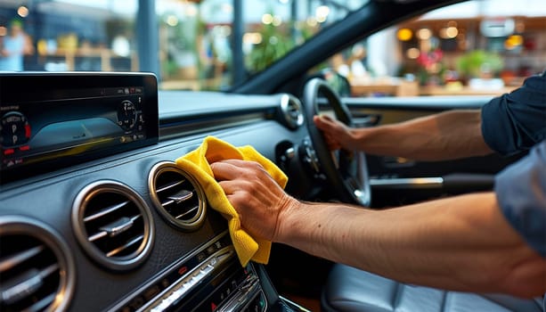 Man cleaning his car interior. Cleaning the car dashboard with yellow cloth. Topical car wash and care. protection of the interior of the automobile. cleaning, health and care concept. Close up