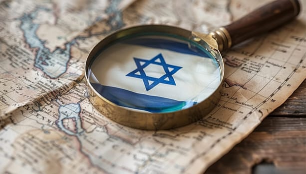 magnifying glass on map with Flag of Israel. Israel Flag Between Traveler's Accessories on Old Vintage Map. Overhead Shot Close up