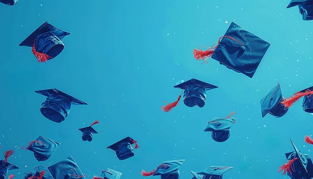 Graduation caps flying in the sky. Students celebrate graduation. education and people concept, students throwing graduation caps in the air festive