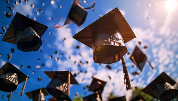 Graduation caps flying in the sky. Students celebrate graduation. education and people concept, students throwing graduation caps in the air festive