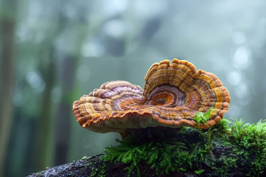 Ganoderma lucidum(Reishi mushroom),reddish laccate mushrooms on decaying hardwood trees in nature. Autumn forest background copy space Space for text