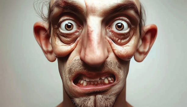 Animation of a ugly deformed face. Man is looking chocked and crazy. Bald man psychological stress struggling for life 3D cartoon