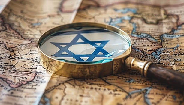 magnifying glass on map with Flag of Israel. Israel Flag Between Traveler's Accessories on Old Vintage Map. Overhead Shot Close up