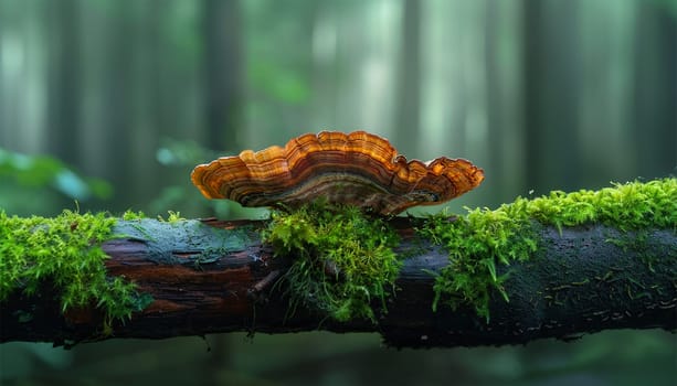 Ganoderma lucidum(Reishi mushroom),reddish laccate mushrooms on decaying hardwood trees in nature. Autumn forest background copy space Space for text