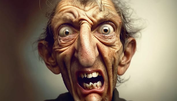 Animation of a ugly deformed face. Man is looking chocked and crazy. Bald man psychological stress struggling for life 3D cartoon