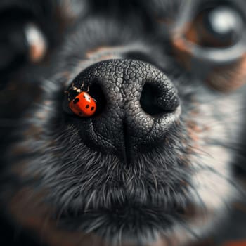 A ladybug ventures across the snout of a dog, its red and black shell standing out against the dog's textured skin. The image captures a charming interaction in nature.