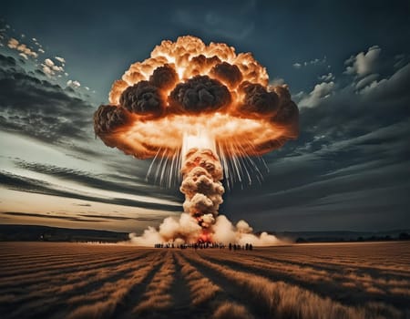 Nuclear explosion mushroom on planet Earth. Landscape of nuclear winter and apocalypse at the time of nuclear war