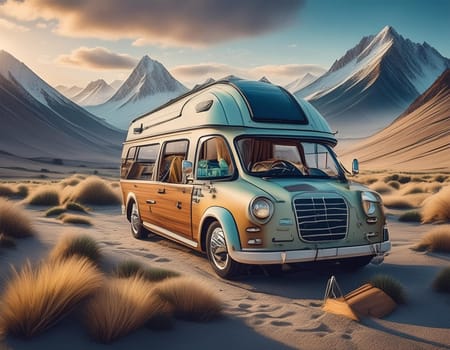 Minivan parking in a forest with campfire and tent, concept of camping, landing page template in illustration