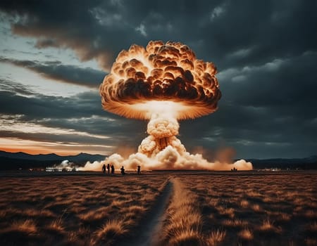 Nuclear explosion mushroom on planet Earth. Landscape of nuclear winter and apocalypse at the time of nuclear war