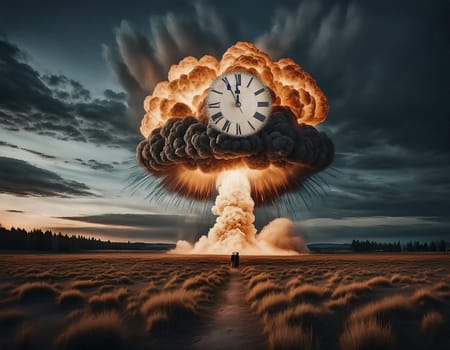 Nuclear explosion mushroom on planet Earth. Landscape of nuclear winter and apocalypse at the time of nuclear war
