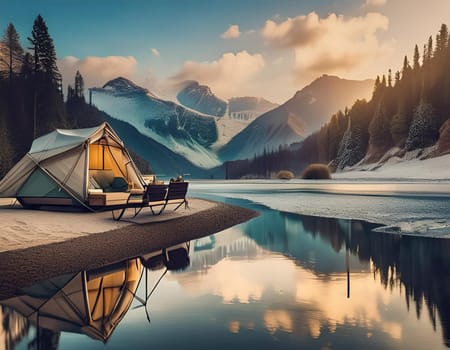 Minivan parking in a forest with campfire and tent, concept of camping, landing page template in illustration