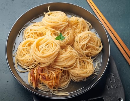 Spaghetti or Pasta Bolognese in tomato sauce on a ceramic plate, on a white background or table.