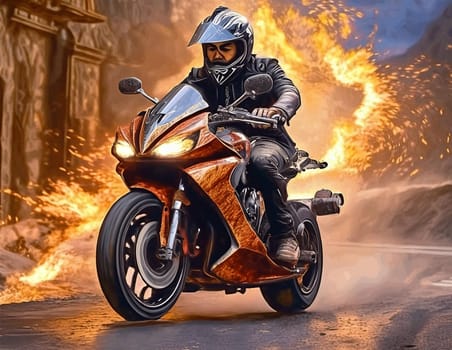Riding a motorcycle on the street. Have fun driving along empty roads on a motorcycle tour. Copyspace for your individual text.