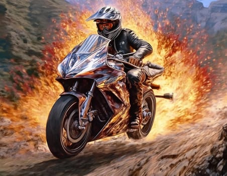 Riding a motorcycle on the street. Have fun driving along empty roads on a motorcycle tour. Copyspace for your individual text.