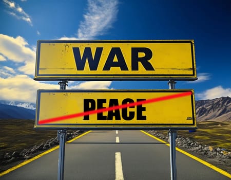 German traffic sign with the German words for peace and war - war and peace against a blue and gray sky