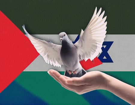 Israeli and Palestine flag with a peace dove - Peace for Palestine, no war Sky with peace dove in sun