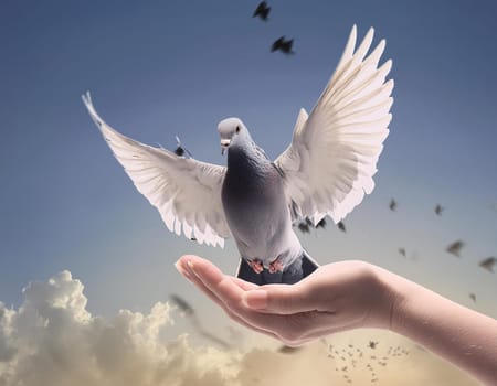 Woman Hand praying and free bird enjoying nature with sunset on background, hope concept