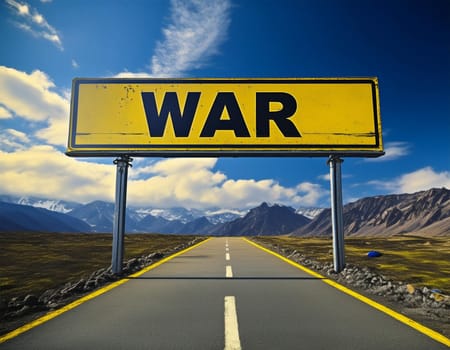 German traffic sign with the German words for peace and war - war and peace against a blue and gray sky