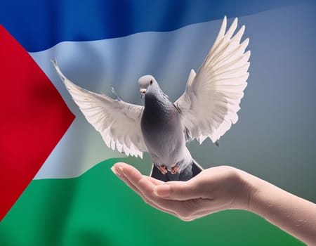 Israeli and Palestine flag with a peace dove - Peace for Palestine, no war Sky with peace dove in sun