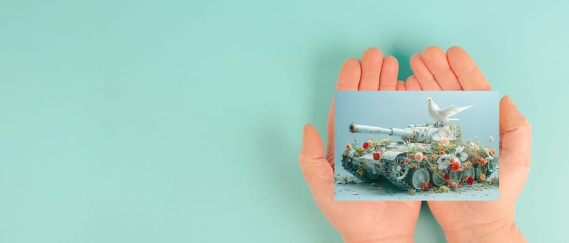 Army tank covered with flowers, dove of peace, ceasefire, end of war, military weapon