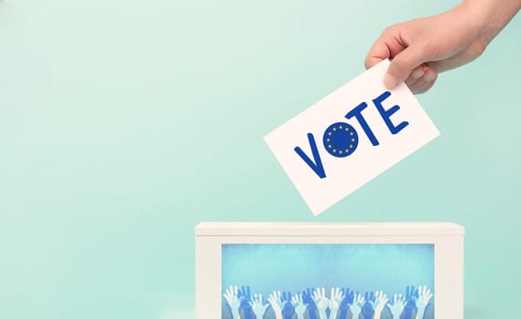 EU election, ballot box, european union flag, blue and yellow stars, citizens of Europe voting Parliament