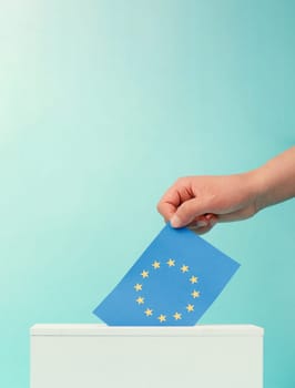 EU election, ballot box, european union flag, blue and yellow stars, citizens of Europe voting Parliament
