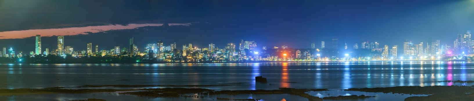 Panorama of Mumbai skyline with skyscrapers in the evening. Mumbai, Maharashtra, India