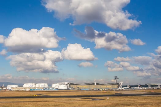 FRANKFURT,GERMANY-FEB 13: LUFHANSA AIRLINES logos at the technical terminal on Frankfurt airport on February 13,2018 in Frankfurt,Germany.