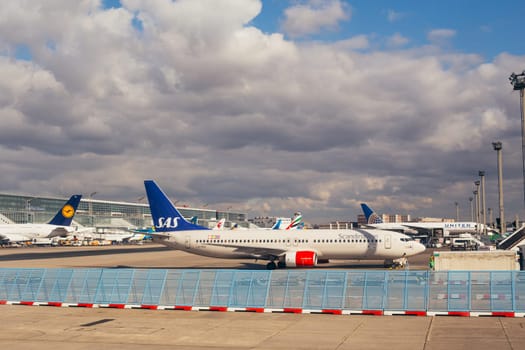 FRANKFURT,GERMANY-FEB 13: Lufhansa, SAS and United airlines planes on Frankfurt airport on February 13,2018 in Frankfurt,Germany.