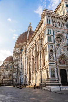 Florence, Italy. Cathedral of Santa Maria del Fiore, also named Duomo. Romantic and colorful architecture, Renaissance masterpiece. Sunrise light.