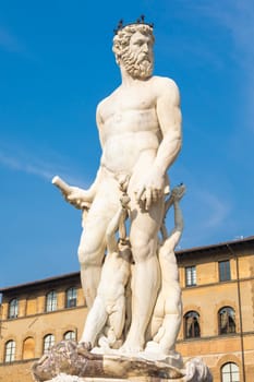 Florence, Italy - Neptune Fountain. Marble sculpture, Renaissance masterpiece, naked Poseidon statue