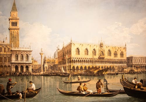 Milan, Italy - 23 September 2023: Brera antique painting museum. View of Venice, by Canaletto, 1745