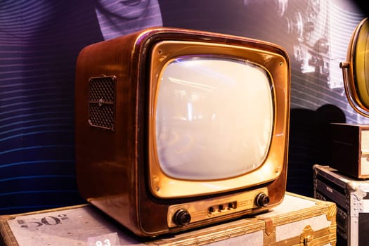 Turin, Italy - 30 April 2024. Museum of Radio and Television. TV B/W model Geloso, one of the first 21 inch TVs, Black and White.