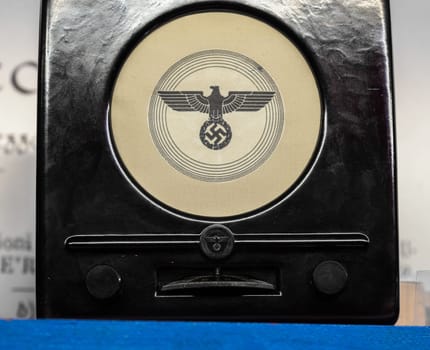 Turin, Italy - 30 April 2024. Museum of Radio and Television. Radio receiver medium waves used during the Nazist regime