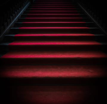 Vintage dark staircase with red carpet