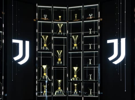 Turin, Italy - 02 March 2024. Juventus Museum interior. Champions League trophy.