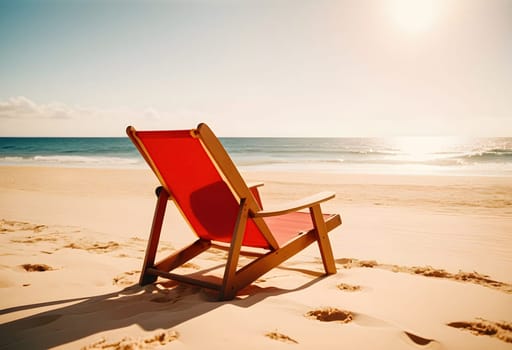 AI generated of a red beach chair on the sand with the sun shining on the water