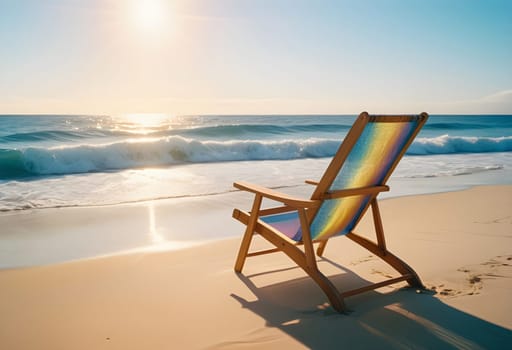AI generated of a beach chair on the sand with the sun setting behind it