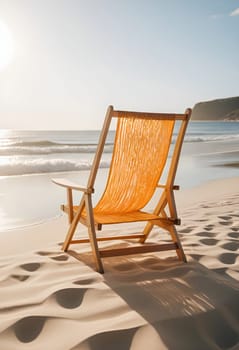 AI generated of a beach chair with an orange cloth on it sitting on the sand with the sun shining on it