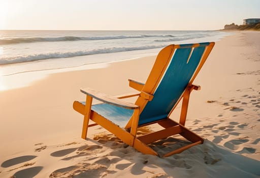 AI generated of a wooden beach chair sits on the beach at sunset