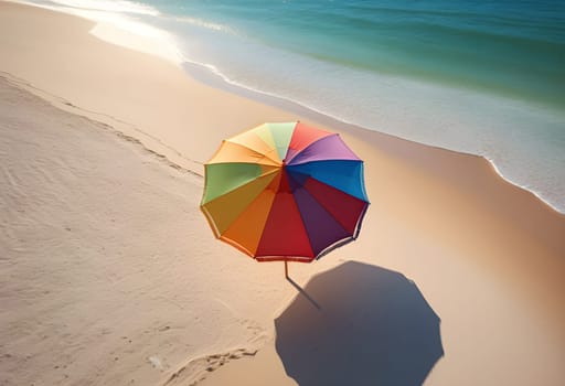 AI generated of a rainbow colored umbrella is on the beach and the ocean is blue