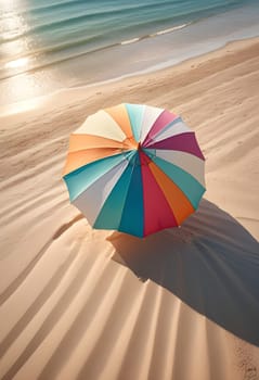 AI generated of a colorful umbrella is laying on the sand with the sun shining on it