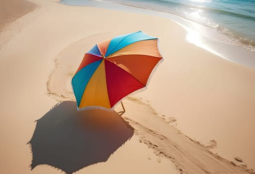AI generated of a rainbow colored umbrella is on the beach with the sun shining on it and ocean