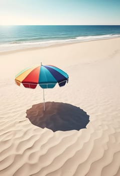 AI generated of a rainbow colored umbrella is on the beach