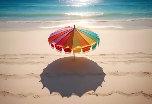 AI generated of a colorful umbrella on the beach with the sun shining
