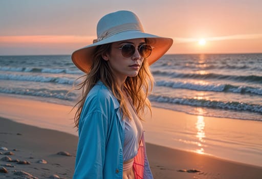AI generated of a woman in a hat and sunglasses on the beach at sunset