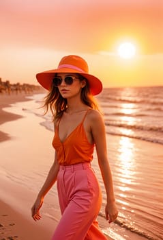 AI generated of a woman in a bright orange top and pink pants walking on the beach