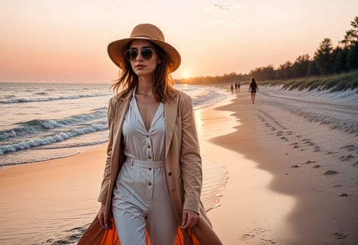 AI generated of a woman in a hat and sunglasses walking on the beach